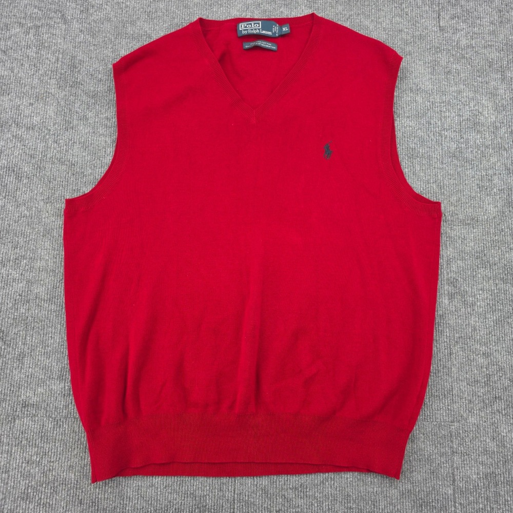 Polo Ralph Lauren Red Pima Cotton V-Neck Sweater Vest XL Blue Pony Logo